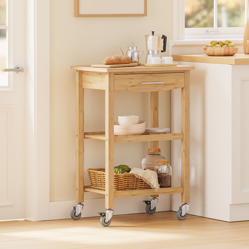 image 1 of SoBuy Kitchen Trolley with Drawer and 2 Shelves, Natural Bamboo, 22.8x15.7x33.8 in, 10.75 kg - FKW135-N