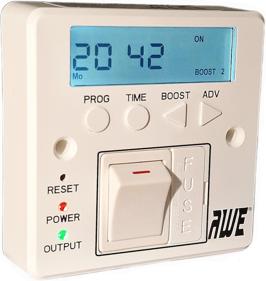 image 1 of Awe 2 x 7-Day Digital Fused Timer Spur Electric Heating, Immersers, Aga-Range Cookers, Towel Rails & Lights 5yr Warranty Programmable Timer & Lit Display Rechargeable Cell 2000hrs Batt Memory