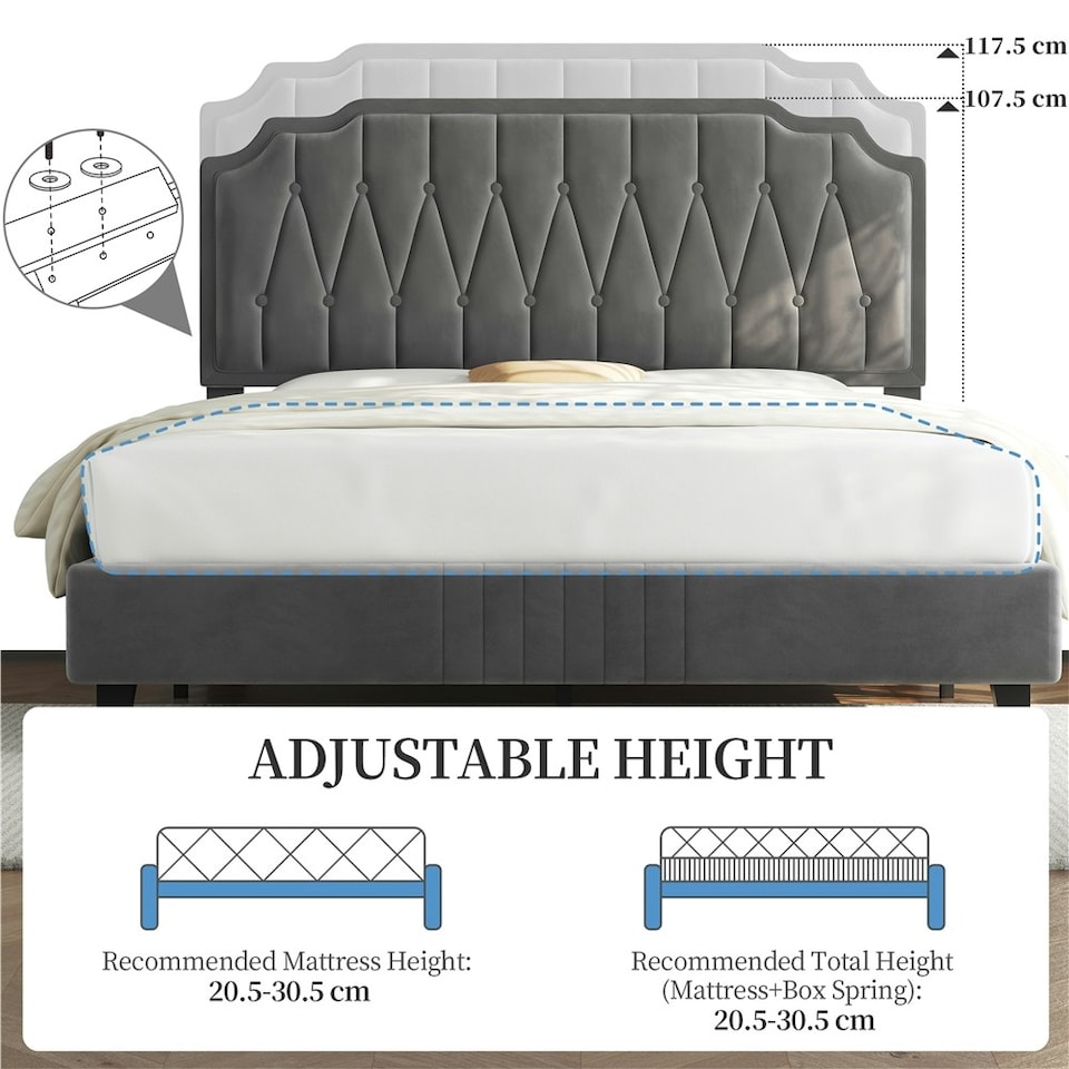 image 1 of Yaheetech 5ft King Upholstered Bed Frame with Button-Tufted Headboard Dark Grey