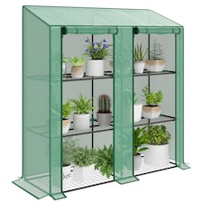 Outsunny 3 Tier Lean-to Mini Greenhouse with Reinforced Plastic Cover, Portable Indoor Outdoor Green House with 2 Roll-up Doors and 6 Wire Shelves, Green | Green