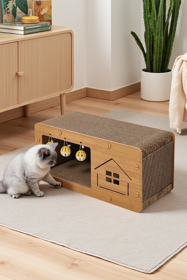 image 1 of Living and Home 2-in-1 Cat House with Scratcher | Brown | M