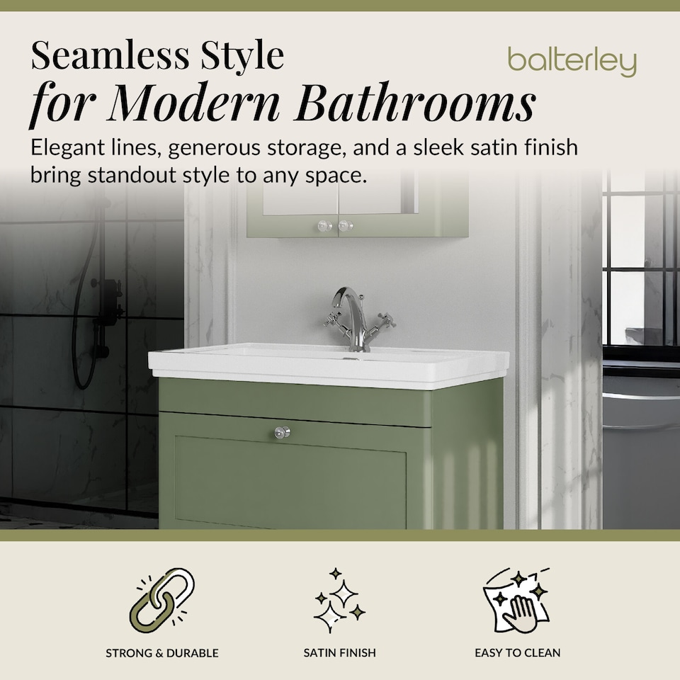 image 1 of Bathroom Wall Hung 1-Drawer Vanity Unit & Fireclay Basin, Green, 800mm | Green | Satin Green | 470 x 830 x 496mm