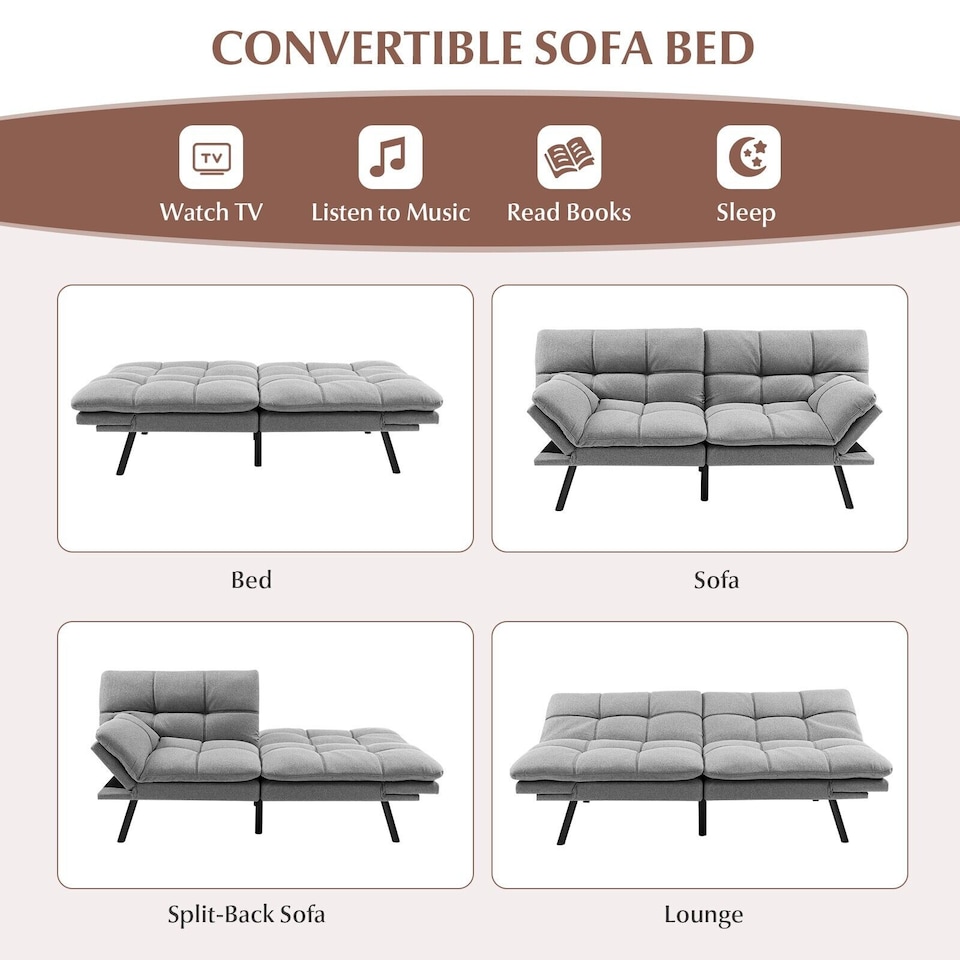 image 1 of COSTWAY 2 Seat Memory Foam Sleeper Couch Convertible Loveseat Sofa Bed Grey