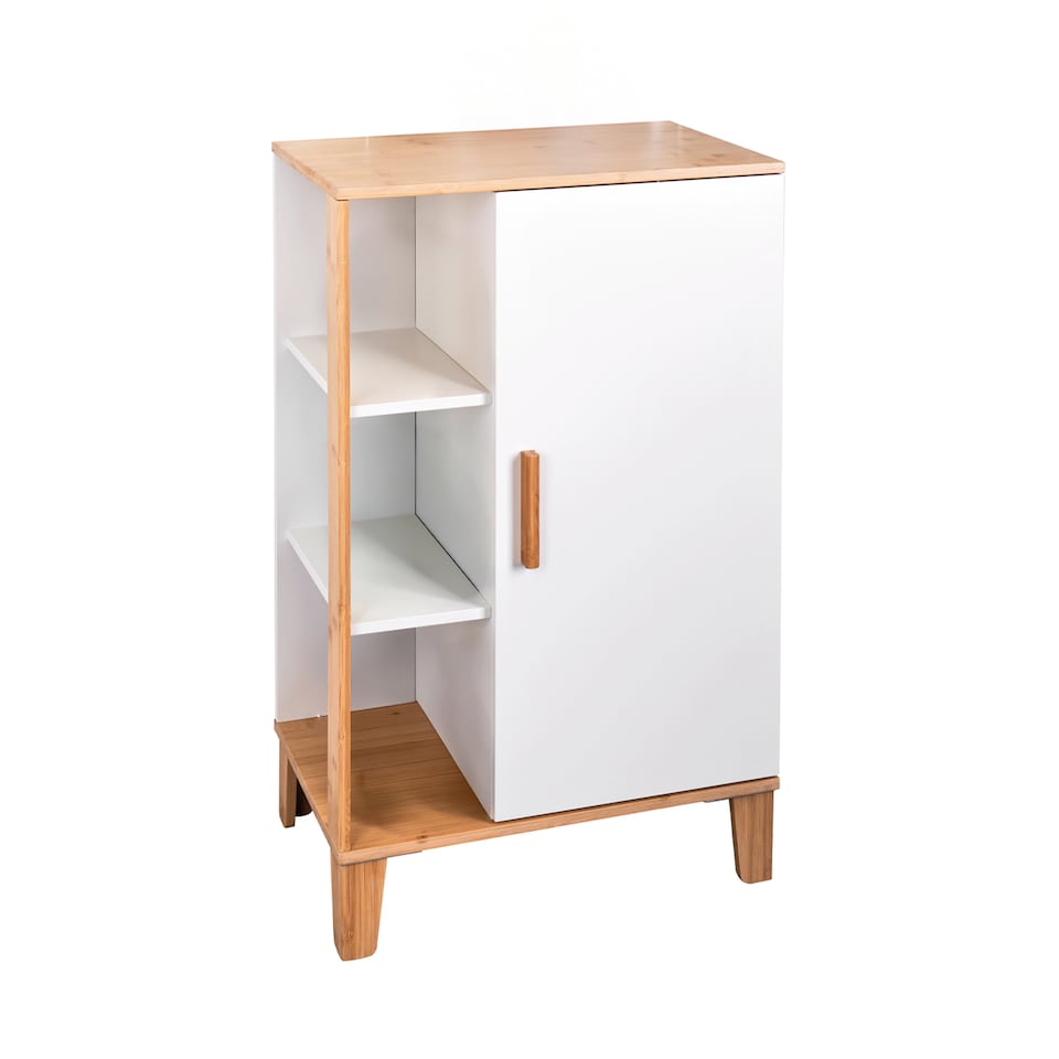 image 1 of Showerdrape Varallo Matt White & Bamboo Floor Bathroom Cabinet with Display Shelves | White | 1