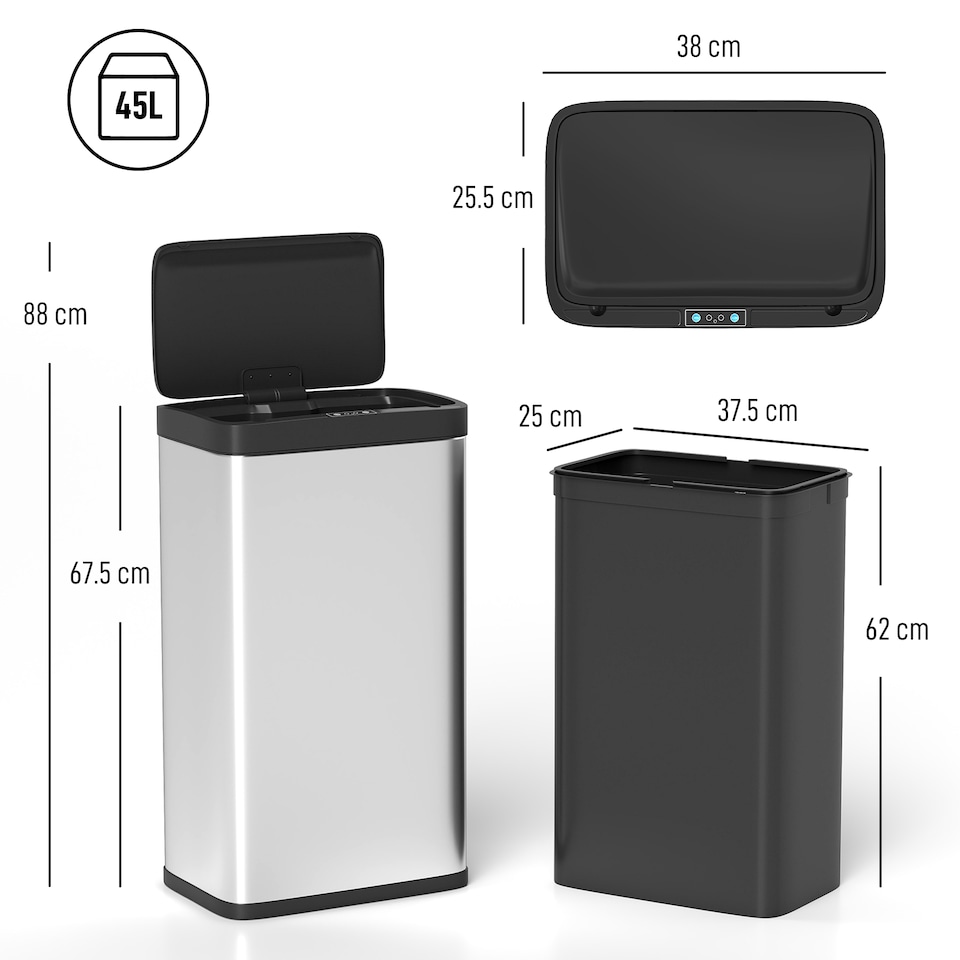 image 1 of HOMCOM 45L Sensor Bin, Stainless Steel Kitchen Bin with Automatic Soft Close Lid and Fingerprint-Proof for Recycling and Waste, Silver Tone | Silver | Silver