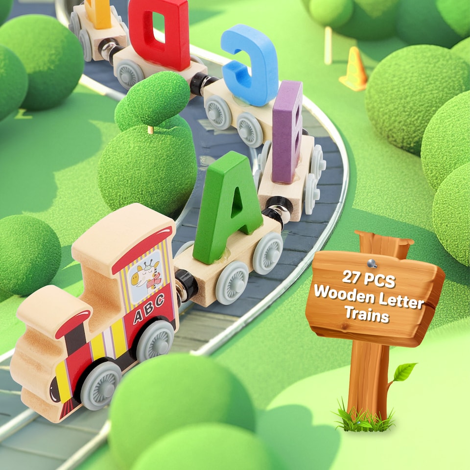 image 1 of A to Z Wooden Alphabet Train Set for Toddlers