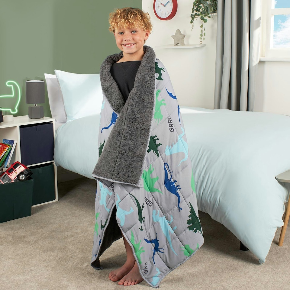 image 1 of OHS 3kg Weighted Blanket Kids Dino Sensory Sleep Therapy Anxiety Teddy Fleece, 110x150cm - Grey