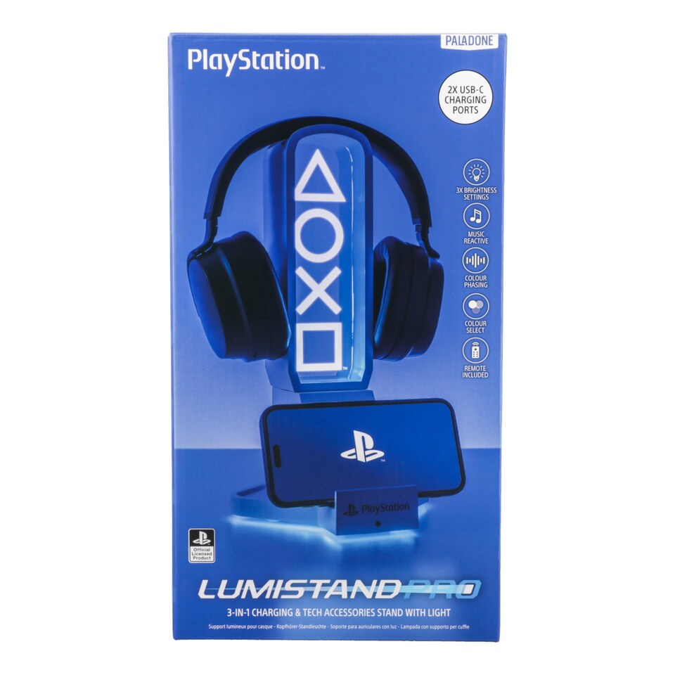 image 1 of PlayStation 3 in 1 Headphone Stand & Charging Station, Officially Licensed RGB Gaming Accessory, Paladone