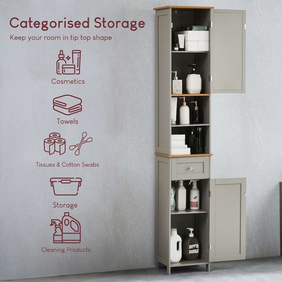 image 1 of Bath Vida Priano 2 Door Tall Bathroom Cabinet With Mirror, Grey & Oak