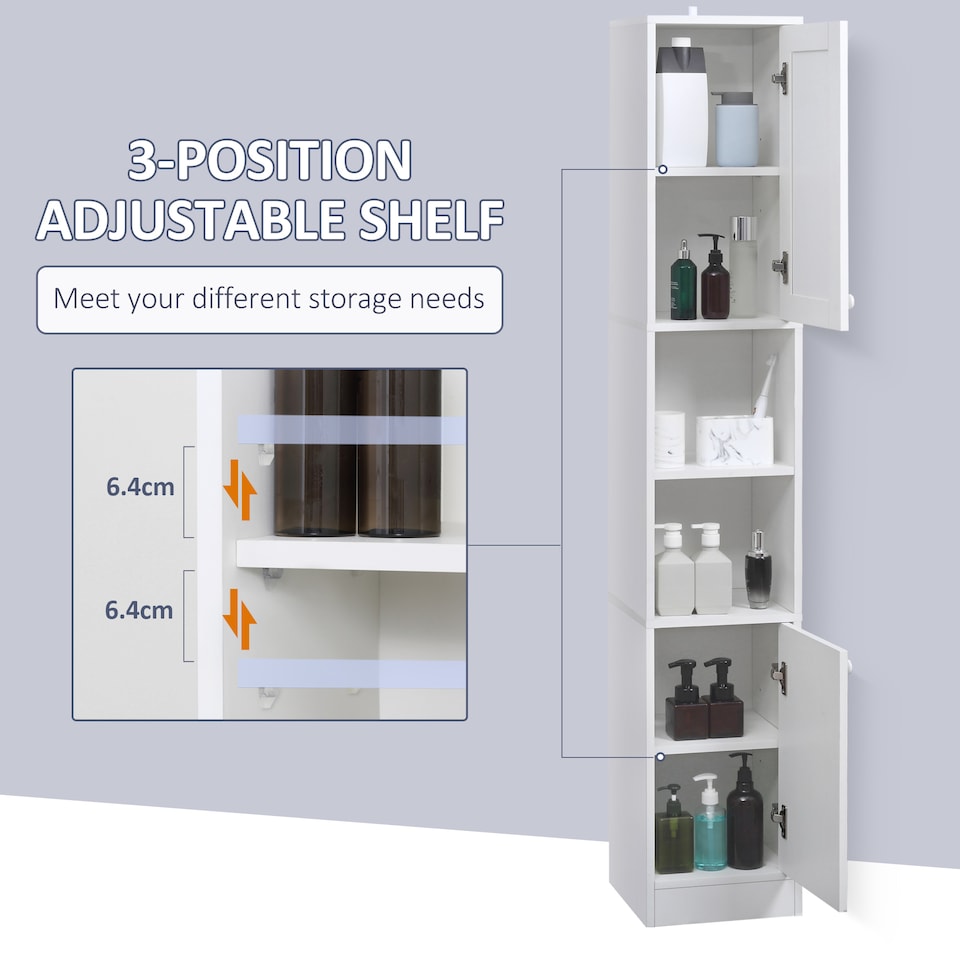 image 1 of kleankin Tall Bathroom Storage Cabinet with Mirror, Narrow Bathroom Unit, Freestanding Bathroom Cupboard with Adjustable Shelves and 2 Doors, White