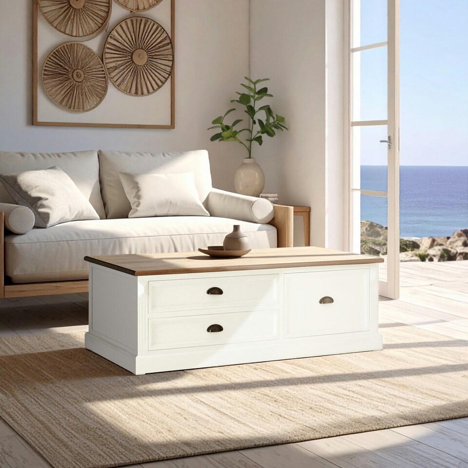 image 1 of Durable Low Coffee Table, Wooden Top Decorative Coffee Table For Livingroom, Sturdy Modern Coffee Table | White