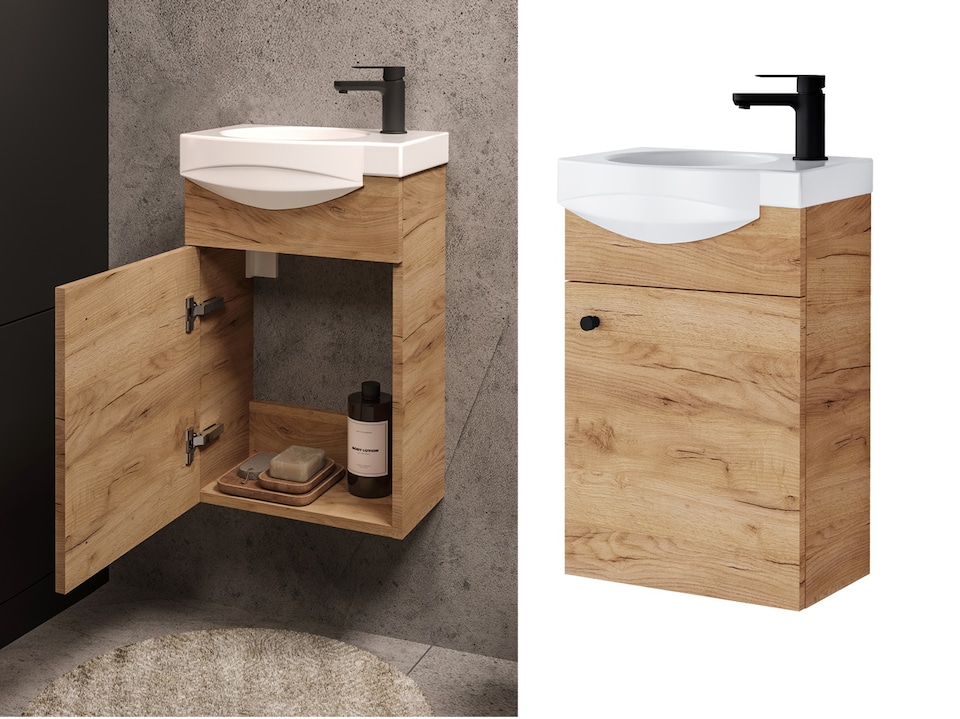 image 1 of Bathroom Vanity Unit with Basin 400mm Cloakroom Small Slim Sink Cabinet Wall Hung Oak Finish Avir