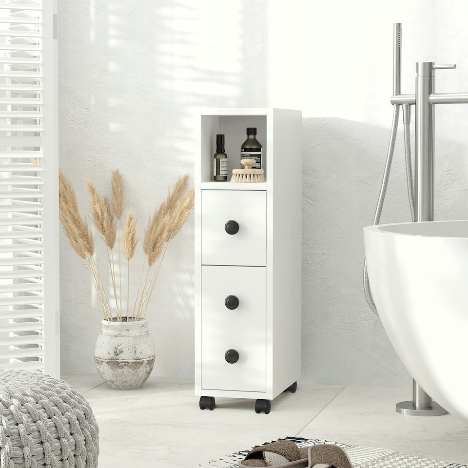 image 1 of kleankin Slim Bathroom Storage with 2 Drawers, 2 Open and Wheels, White