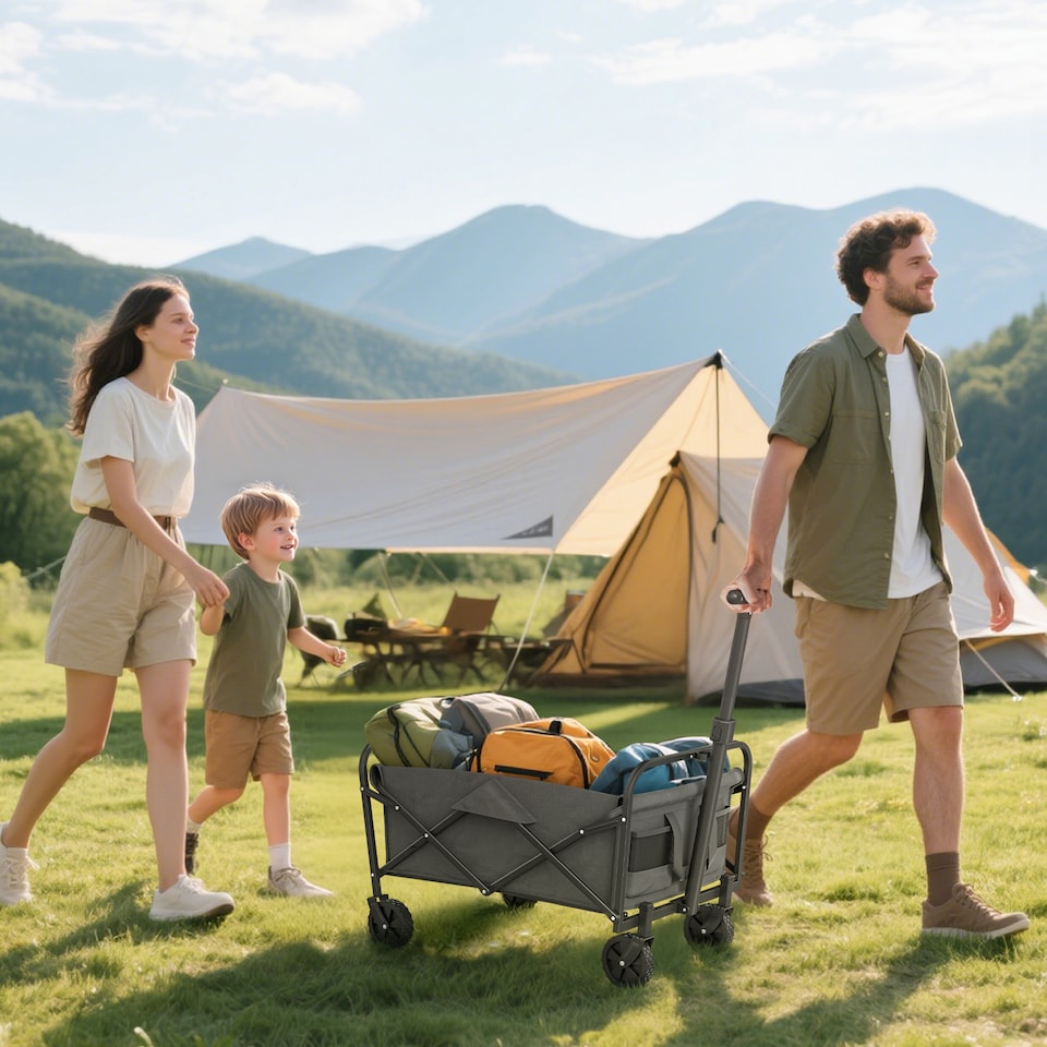 image 1 of Outsunny 62L Festival Trolley on Wheels, Garden Folding Trolley Cart, 120kg Heavy Duty Collapsible Folding Wagon with Adjustable Handle and Carrying Bag for Beach, Camping, Festival, Grey