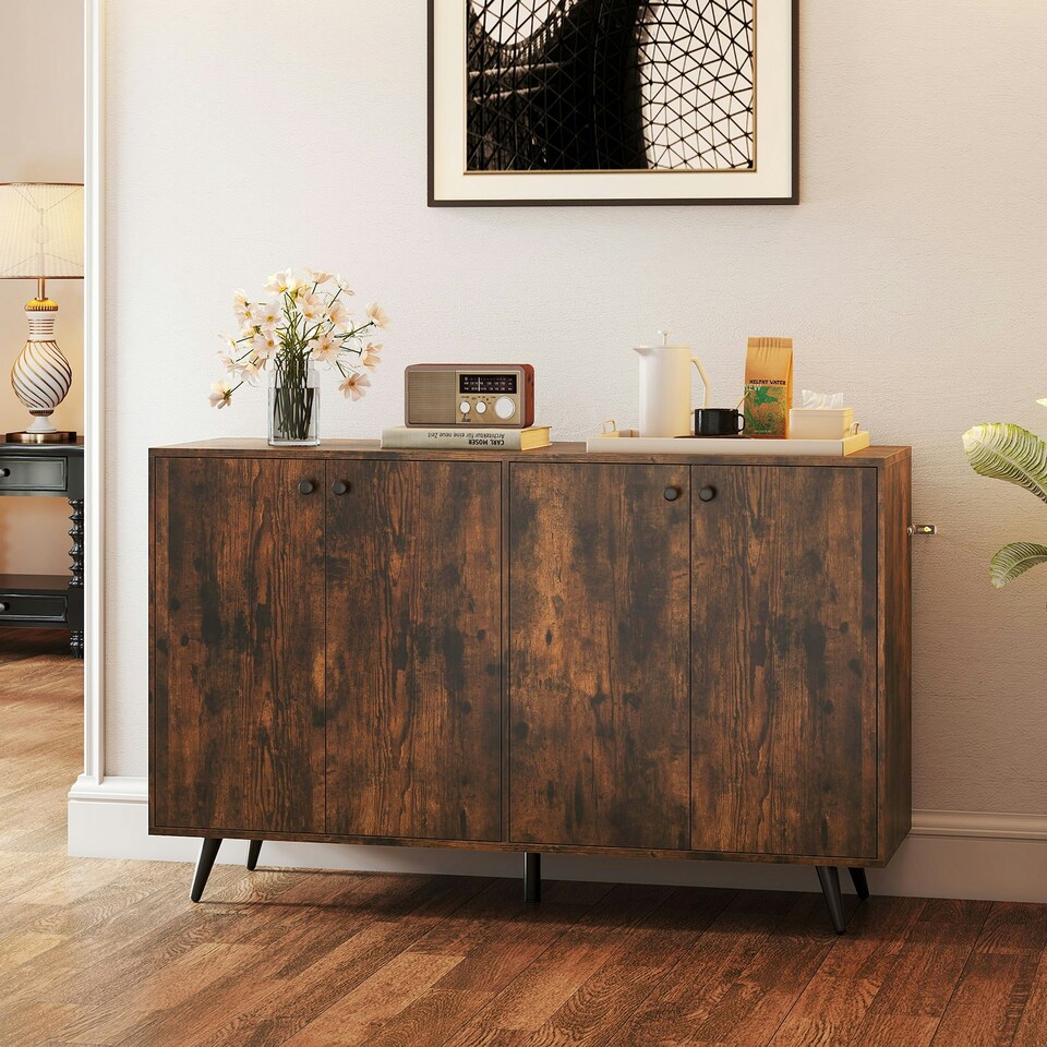image 1 of COSTWAY Buffet Sideboard Modern 4-Door Storage Cabinet Brown Brown