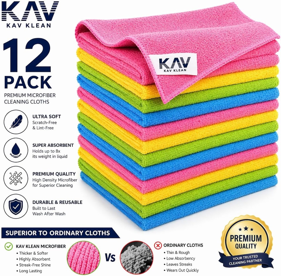 image 1 of KAV Microfibre Cleaning Cloths & Extendable Telescopic Duster Set - 12 Pack Ultra Absorbent Lint Free Reusable Cleaning Towels with Soft Microfiber Feather Duster for Everyday Household Cleaning