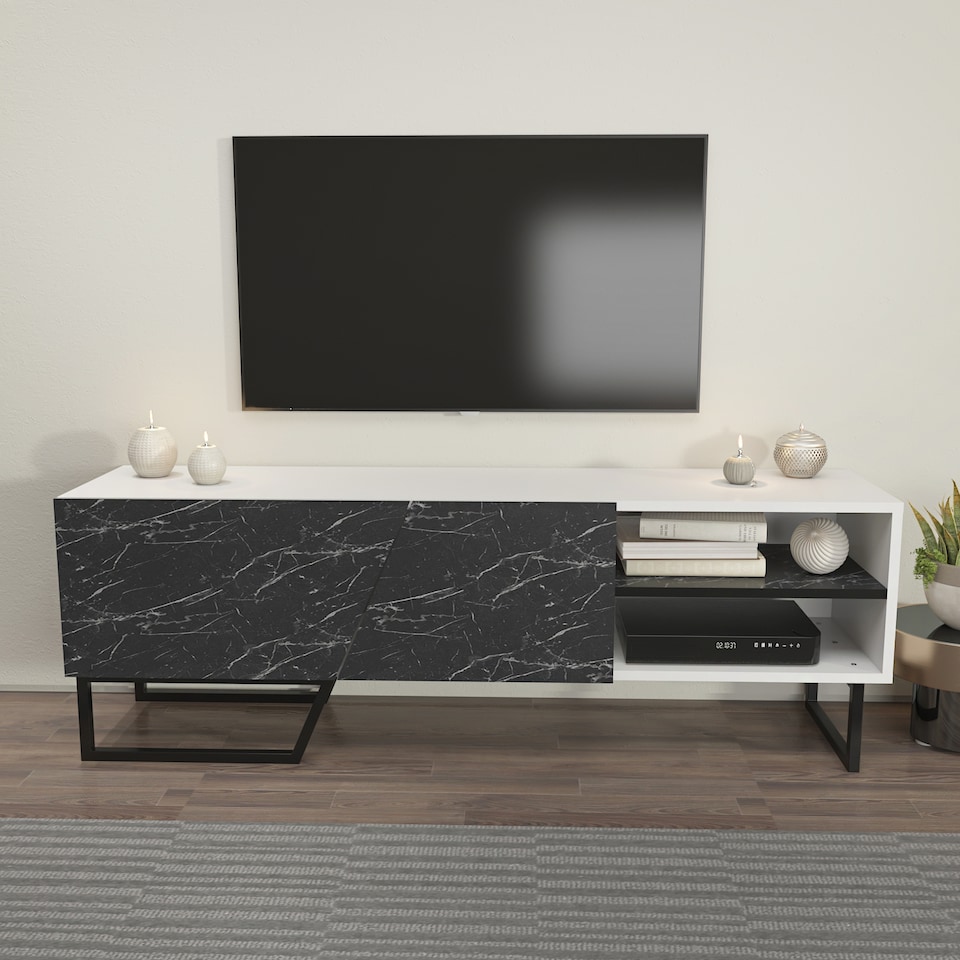 image 1 of Decorotika Denasse  TV Unit for TVs up to 60 inch White Black Marble Effect and Black