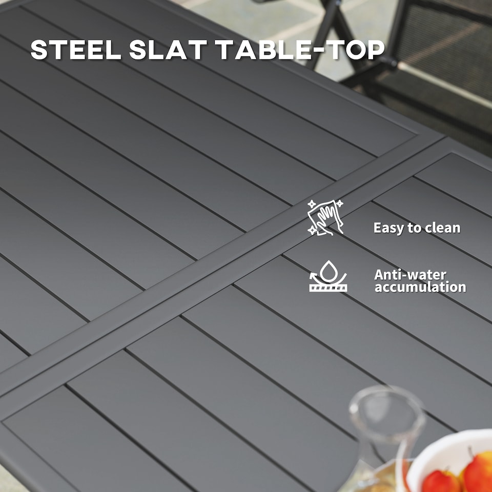 image 1 of Outsunny Garden Dining Table for 6 Person, Rectangle Outdoor Table with Easy Clean Slat Top, Rust Resistant Steel Frame, for Terrace, Balcony, 150 x 80 x 74 cm, Grey | Grey