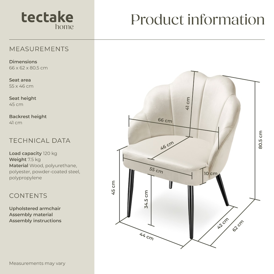 image 1 of Accent Chair Hellen - velvet cover, padded, extra-wide shell-shaped backrest - per piece Cream | Cream/Black