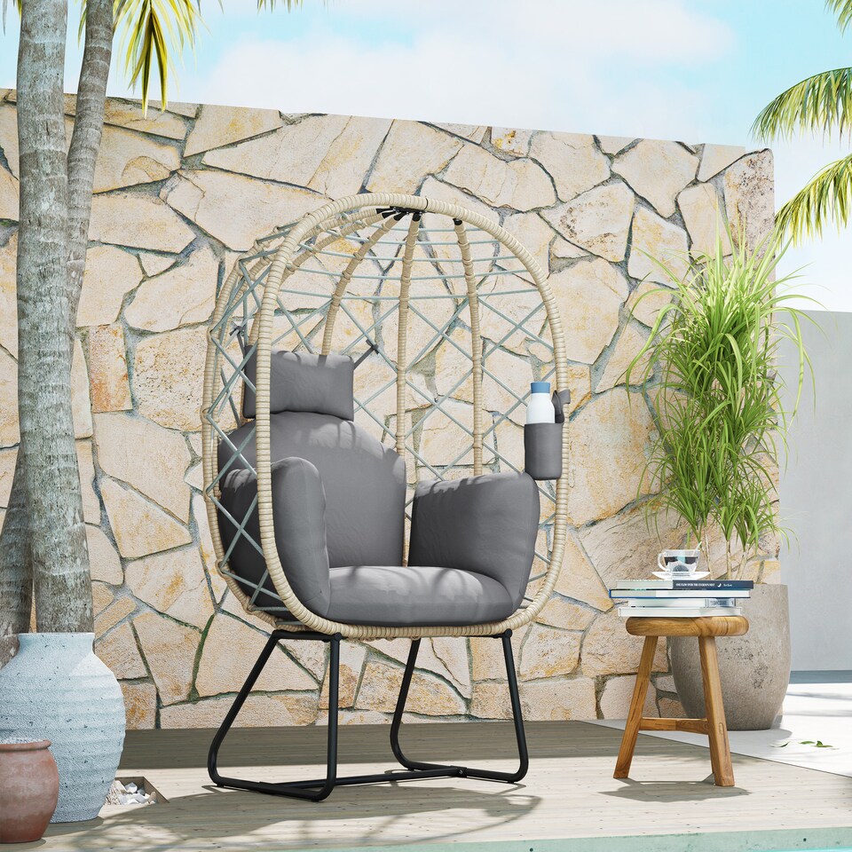 image 1 of Outsunny Rattan Egg Chair Outdoor Indoor Wicker Chair with Thickened Cushion and Headrest, Standing Garden Egg Chair with Cup Holder, Metal Frame for Patio, Balcony, Grey | Grey