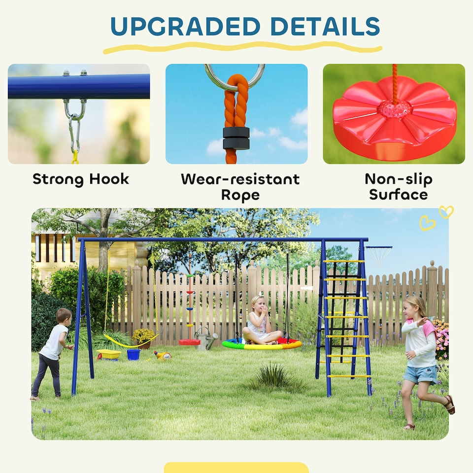 image 1 of AIYAPLAY 6 in 1 Kids Swing Set with 3 Swings, Climbing Net and Ladder