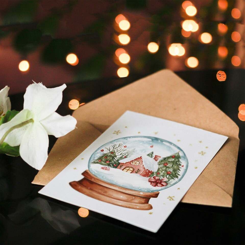 image 1 of Winter Cabin Decorated Trees Snow Globe Blank For Him Or Her Art Xmas Festive Christmas Card