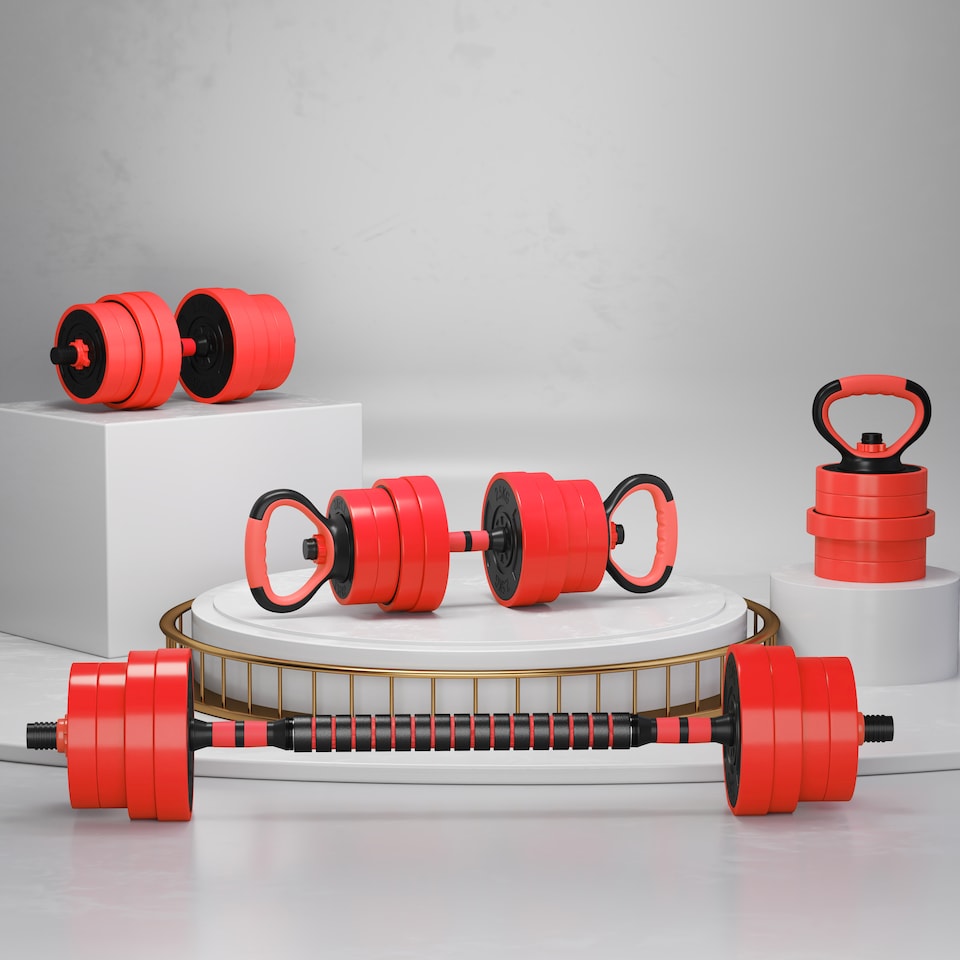 image 1 of SPORTNOW 4-in-1 Adjustable Weight Dumbbells Set, Used as Barbell, Kettlebell, Push up Stand, Free Weights Set for Men and Women Home Gym Training, 30KG, Red