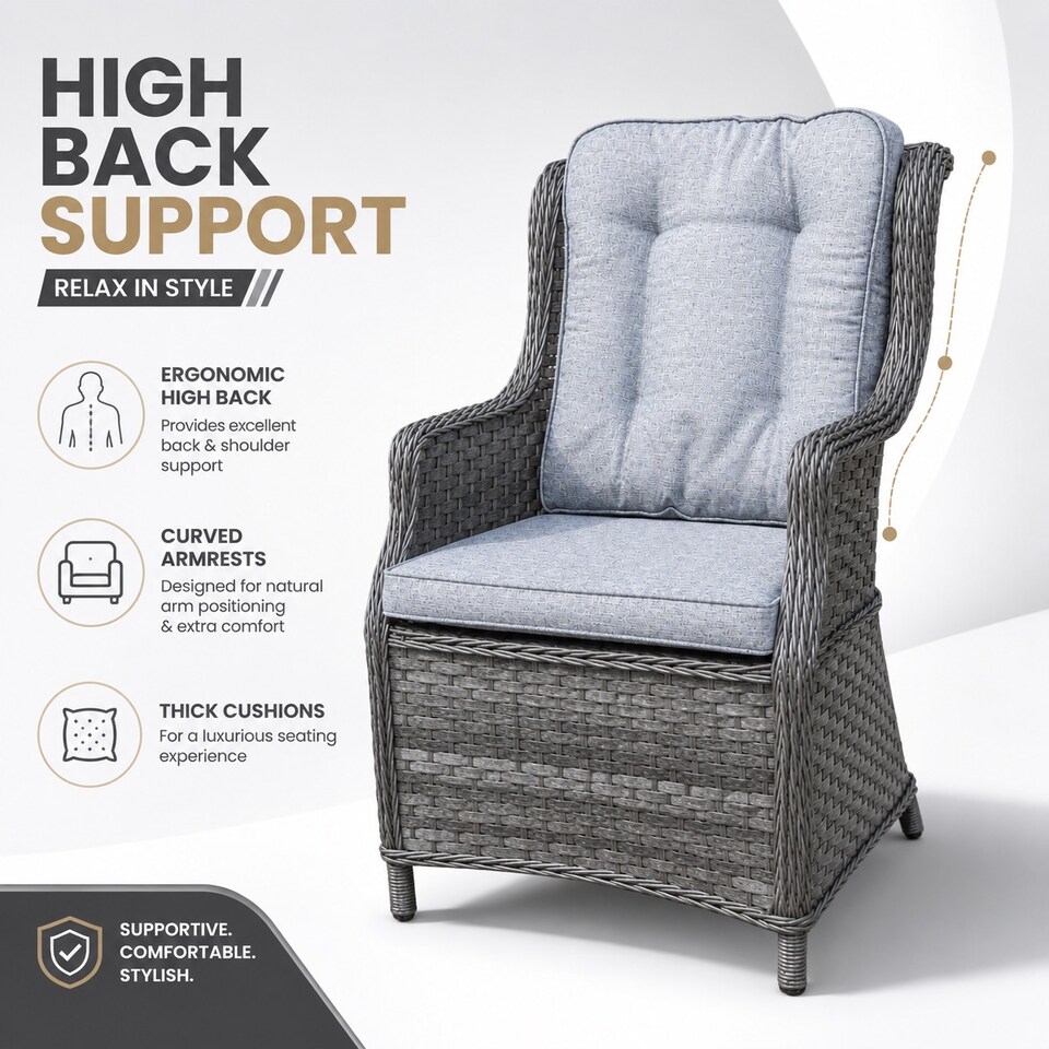 image 1 of 1pc Rattan Garden Dining Chair Grey Outdoor Patio Chairs with Cushion, Weatherproof Wicker Furniture