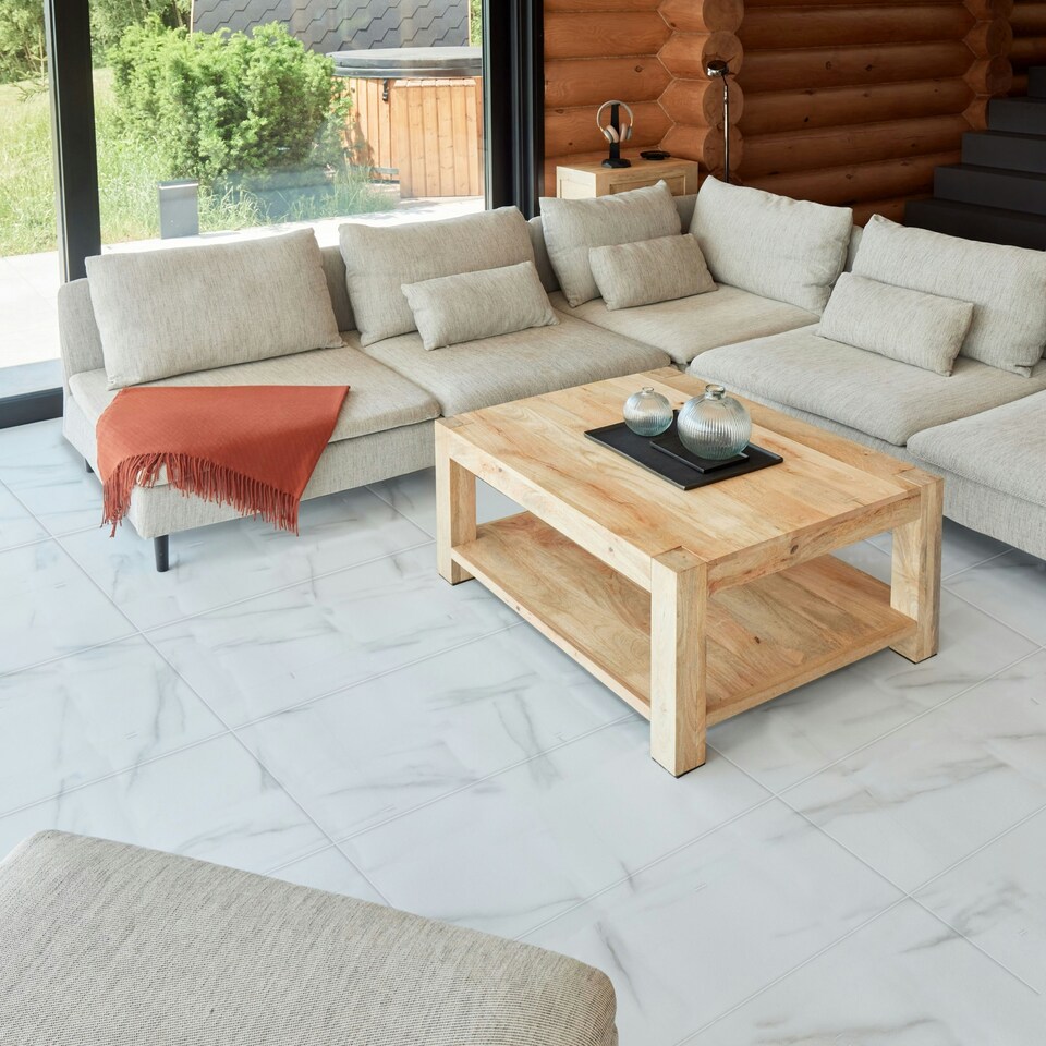 image 1 of NOVECRAFTO Vinyl Floor Tiles Self Adhesive – 12x24in Peel and Stick Waterproof Rectangular Flooring for Kitchen & Bathroom – White Marble Effect Design White | 5.57 sqm