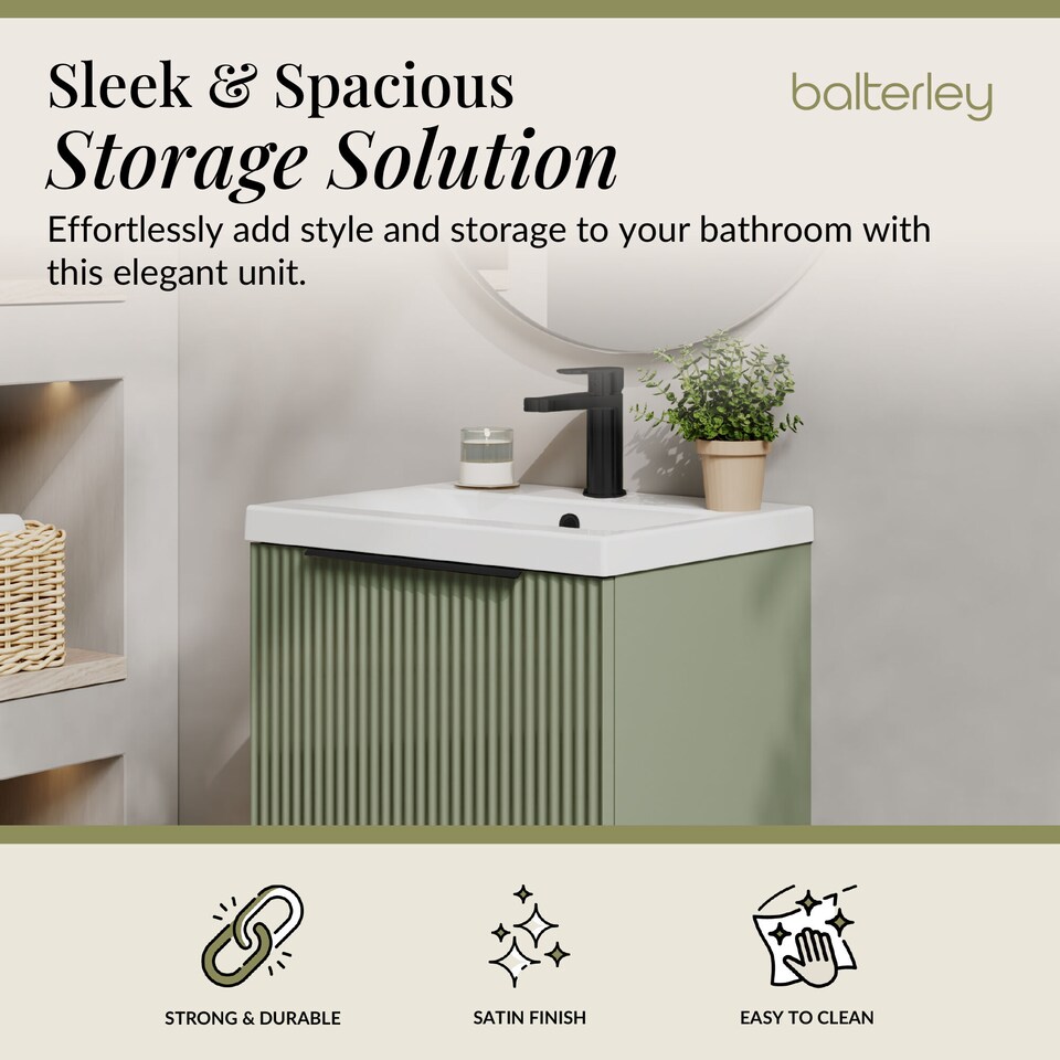 image 1 of Balterley Fluted Front Wall Hung Single Drawer Bathroom Vanity Unit with 1 Tap Hole Ceramic Basin, Handles | Green | Satin Green