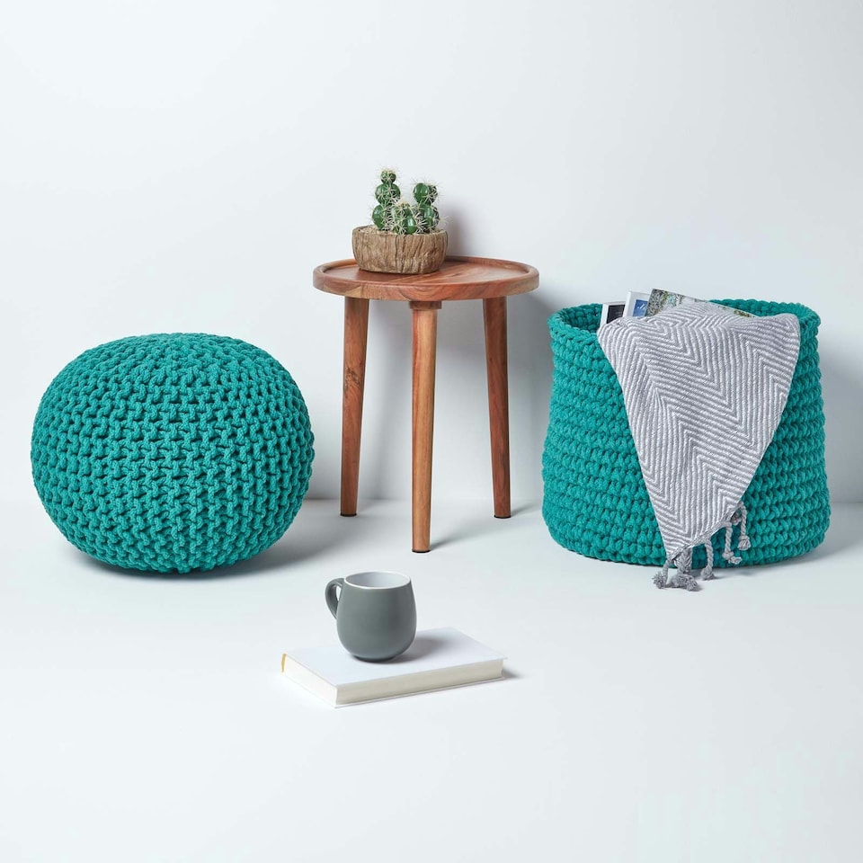 image 1 of Homescapes Teal Green Round Cotton Knitted Pouffe Footstool - 35 x 40 cm