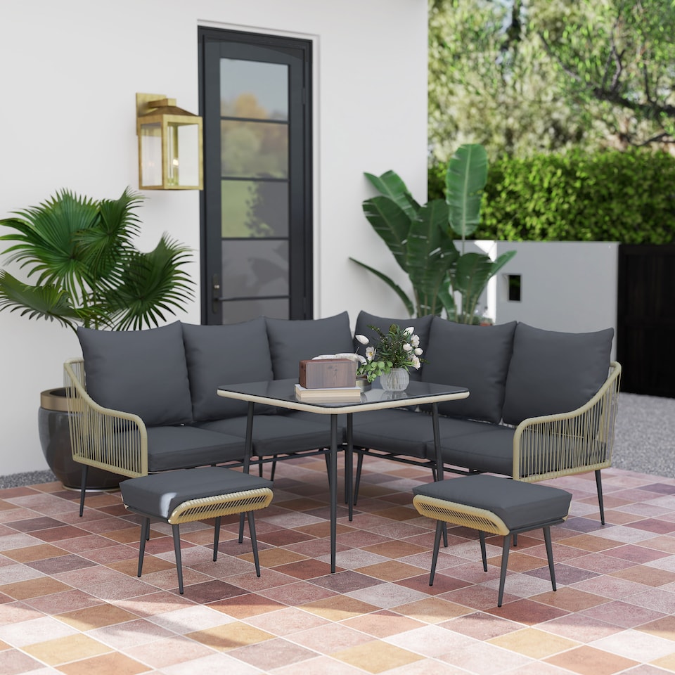 image 1 of Outsunny 6 Piece Garden Furniture Set Garden Sofa with Cushions, Light Grey