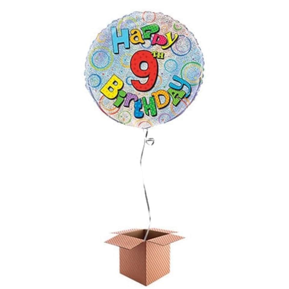 Happy 9th Birthday Holographic Round Foil Balloon - Inflated Balloon in a Box