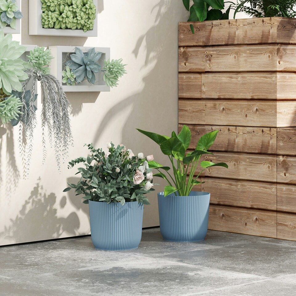 image 1 of Outsunny Set of 2 Round Plant Pots Outdoor 22cm for Garden Decoration, Blue 