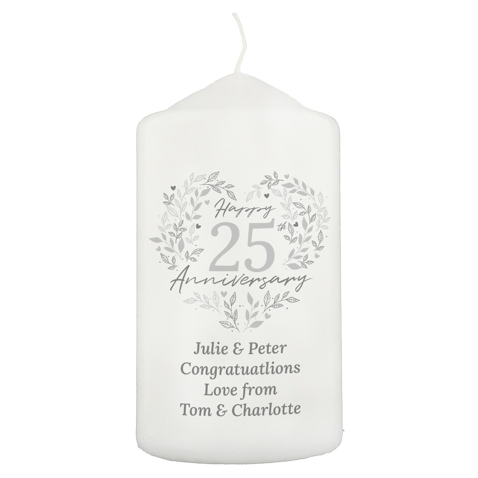 image 1 of Personalised 25th Silver Wedding Anniversary Pillar Candle White