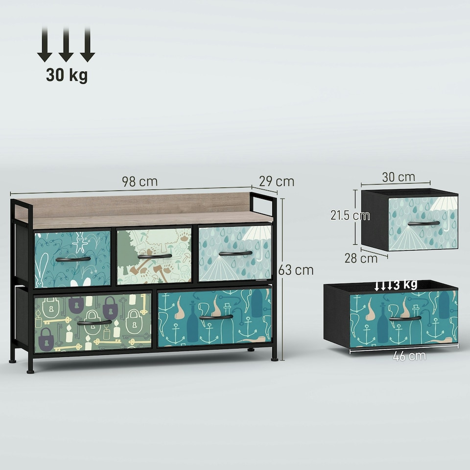 image 1 of HOMCOM 5-Drawer Chest of Drawers, Fabric Dresser with Open Shelf, Blue | Blue | Black frame, wood-effect top | One Size | 1