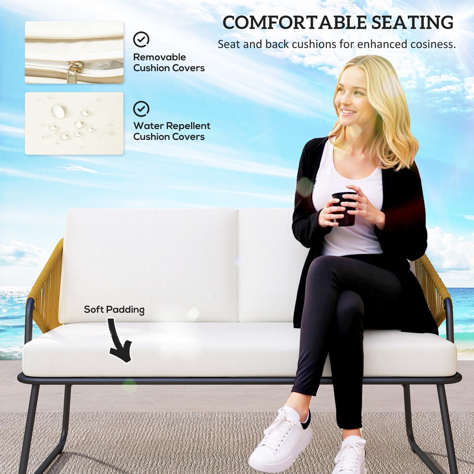 image 1 of Outsunny 4 Piece Rattan Garden Furniture Set, Wicker Patio Outdoor Furniture Set with Loveseat, Armchairs, Glass Top Coffee Table and Cushions for Patio, Conservatory, Balcony, Natural Wood Finish | Brown