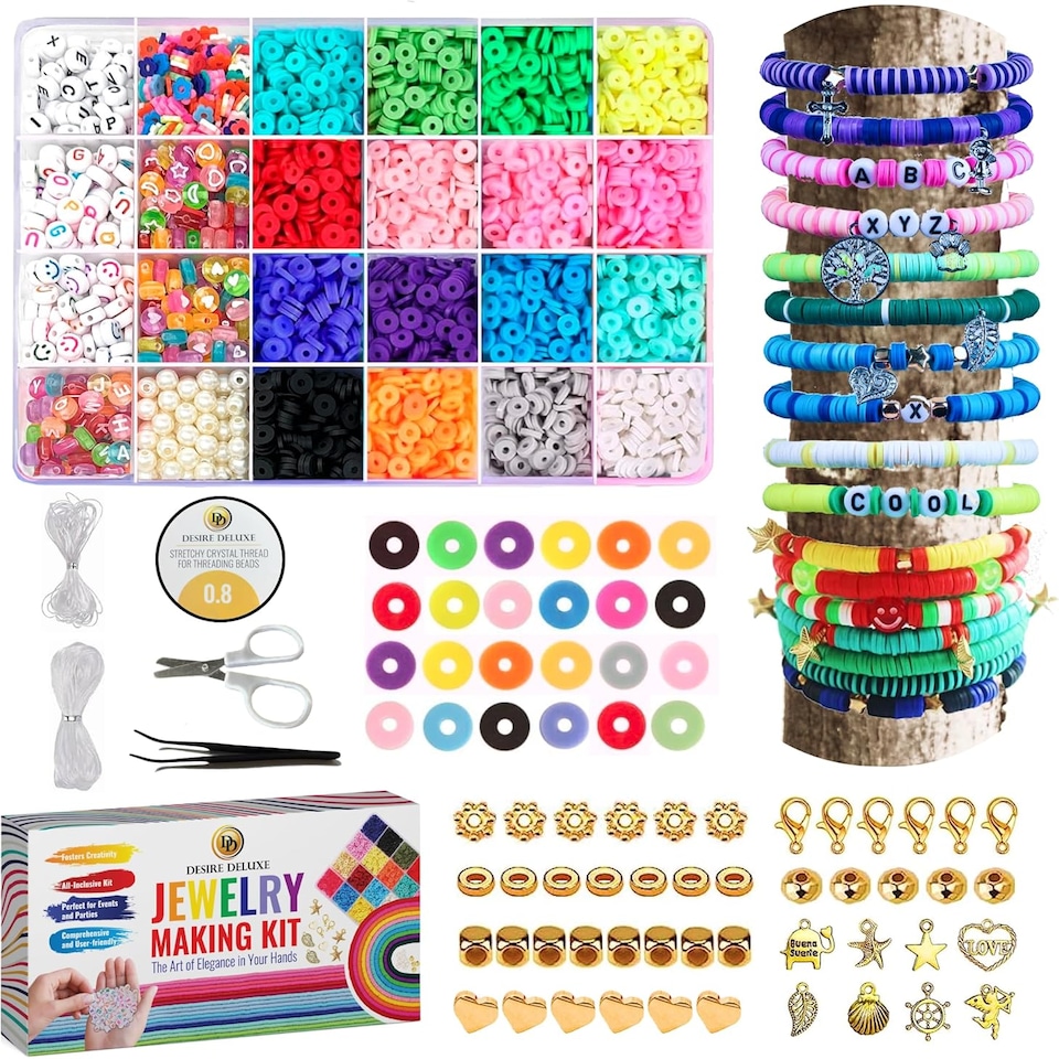 image 1 of Desire Deluxe Bracelet Necklace Making Kit - Clay Beads Friendship Jewellery - Letters and Crafts Making Kit - Elastic Rubber Pendants for Girls (6084 pieces)