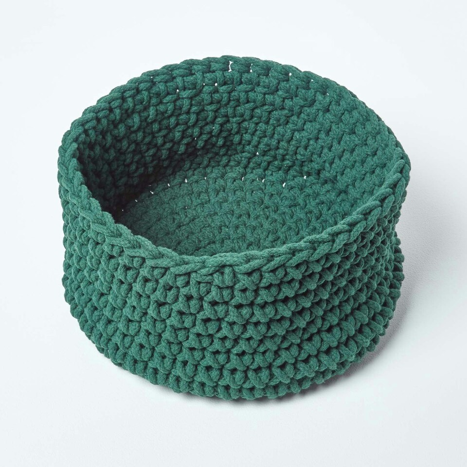 image 1 of Homescapes Forest Green Cotton Knitted Round Storage Basket - 37 x 21cm Green | M