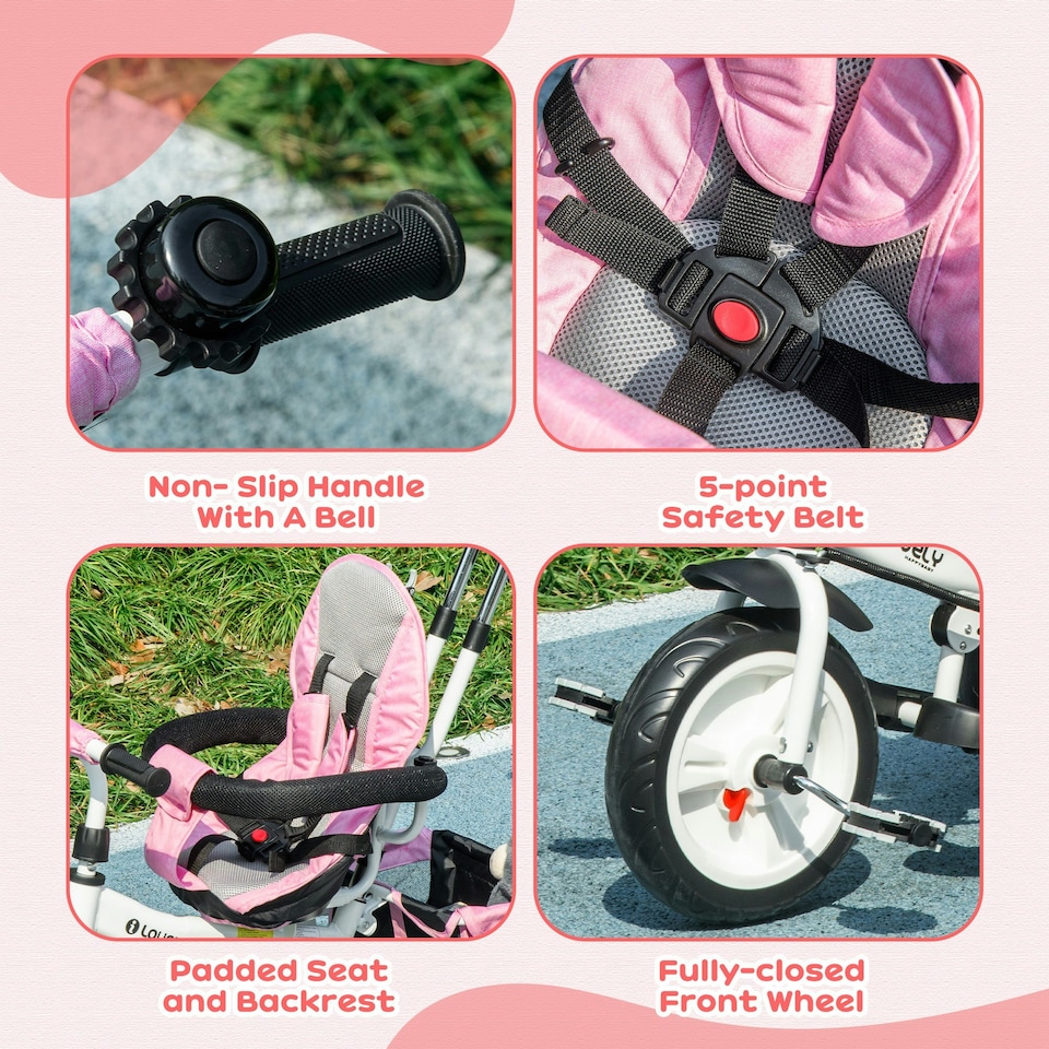 image 1 of HOMCOM 6 in 1 Kids Trike, Stroller with Parent Handle, Pink
