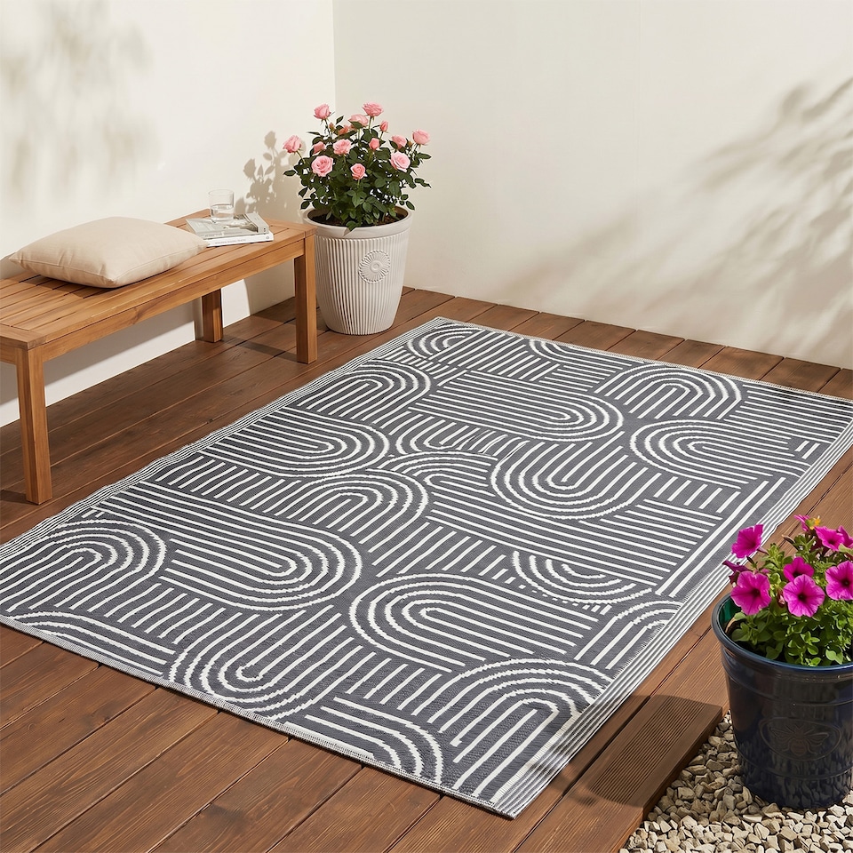 image 1 of Outdoor Plastic Rug Wool-Look Anti-Slip Durable Garden Patio Conservatory Carpet Mat - Grey Arch | Grey | Grey