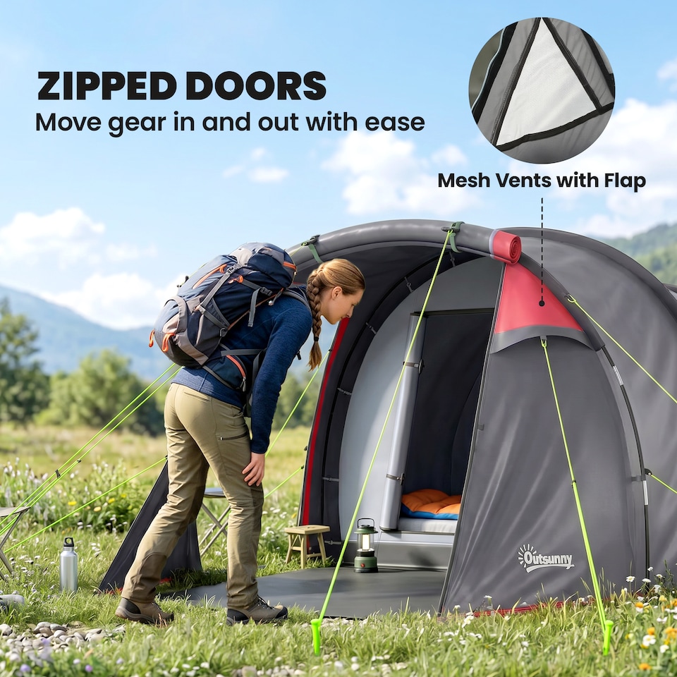 image 1 of Outsunny 2 Man Camping Tent with 2 Rooms Porch Vents Rainfly, Dark Grey