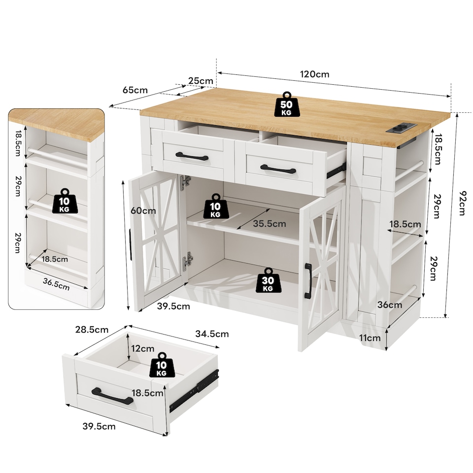 image 1 of VILUXE Mobile Kitchen Island with Foldable Worktop, 2 AC Sockets, 2 USB Ports, Glass Doors, Adjustable Shelves and Lockable Wheels, White and Natural