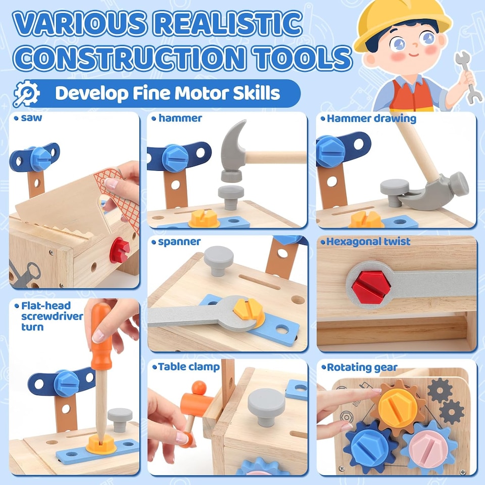 image 1 of Wooden Kids Tool Set – 37-Piece Montessori Construction Play Kit with Portable Suitcase Educational Role Play Toy for Ages 3–12