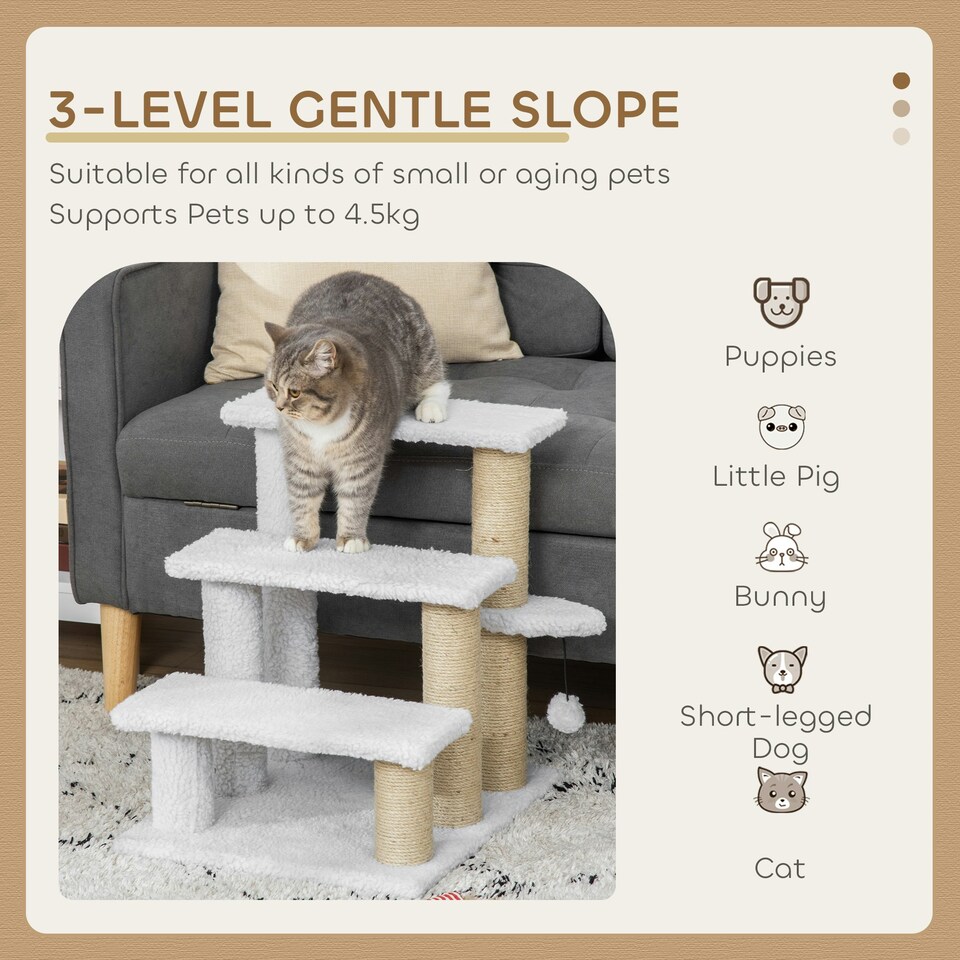 image 1 of PawHut Pet Stair with 3-step Climb Ladder, Scratching Posts, White
