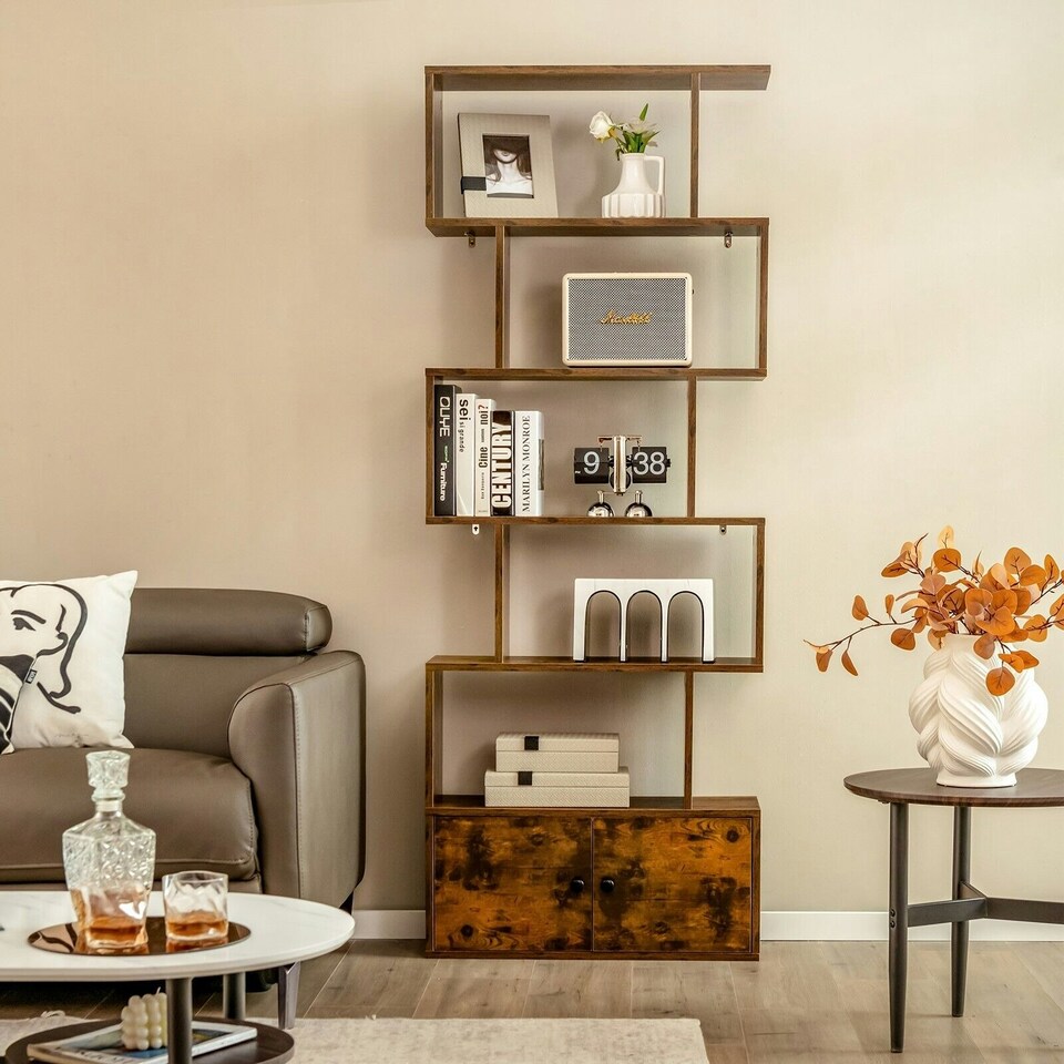 image 1 of COSTWAY 5-tier Bookcase S-Shaped Bookshelf Display Rack Brown Brown