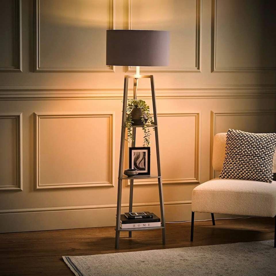 image 1 of ValueLights Hiru Grey 3 Tier Shelf Floor Lamp Grey Chrome Shade Grey