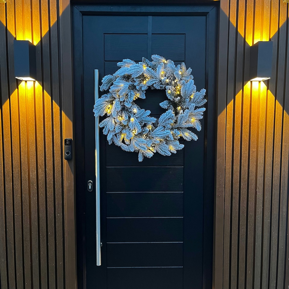 image 1 of 60cm Premium Mixed branch prelit Snow Flocked Christmas Wreath - with timer