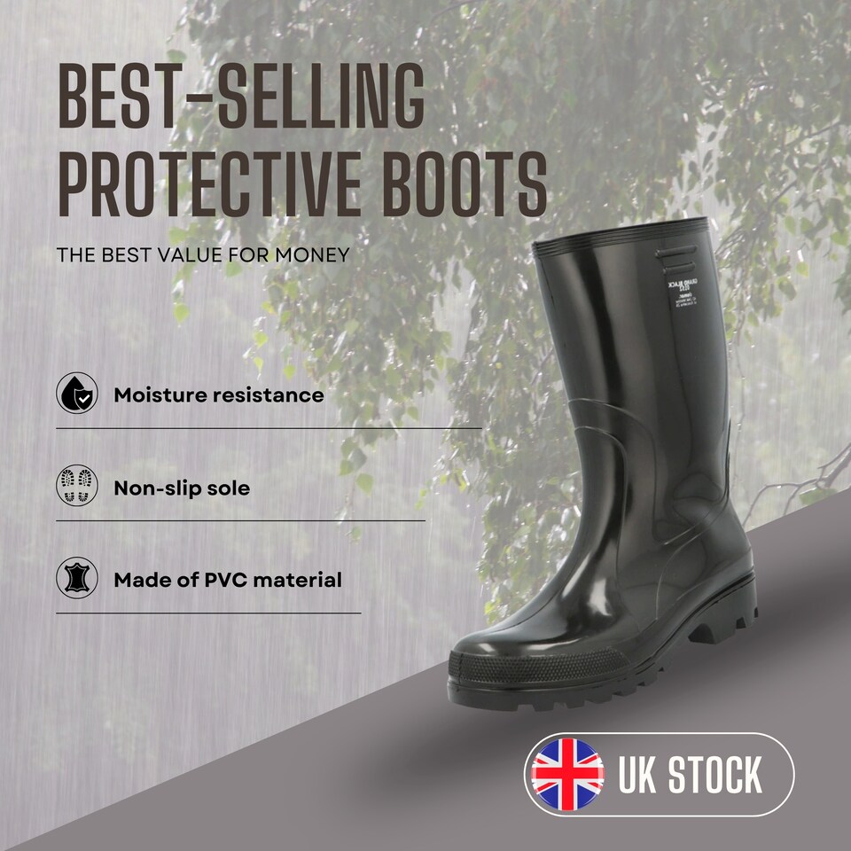 image 1 of Grand Men's Black Waterproof PVC Wellies with Heel Energy Absorption EU45