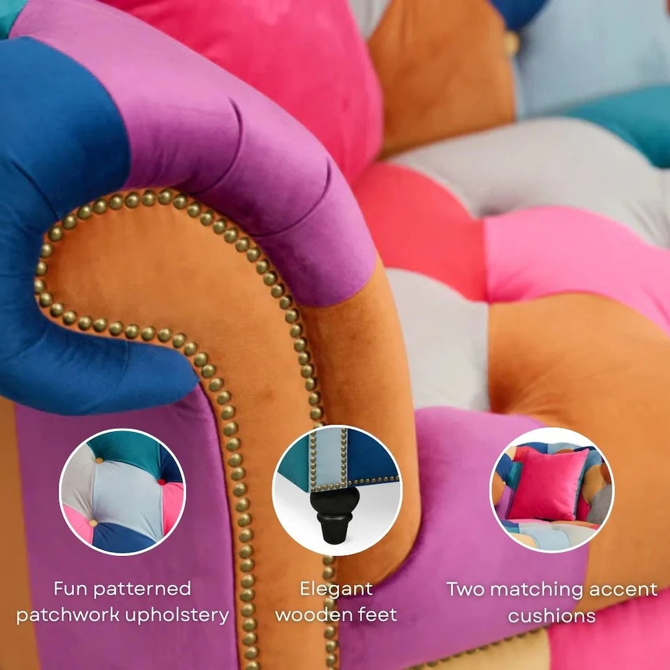 image 1 of Multicoloured Velvet Patchwork 3 Seater Scroll Arm Chesterfield Sofa PORTOFINO